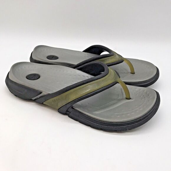 Crocs Croslite A9 Flip Flops Unisex W 7 - M 5 Gray Black & Green Thong Sandals - Picture 3 of 11